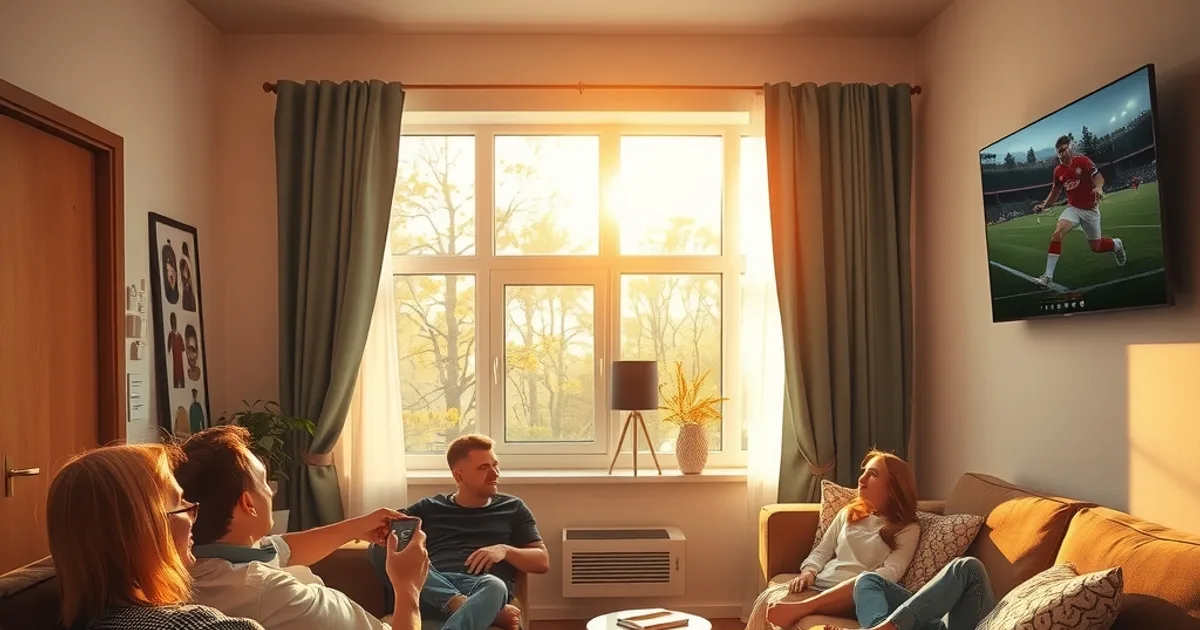 Eine Gruppe von Fußballfans schaut entspannt ein Drittliga-Spiel auf einem Smart-TV in einem hellen Wohnzimmer
