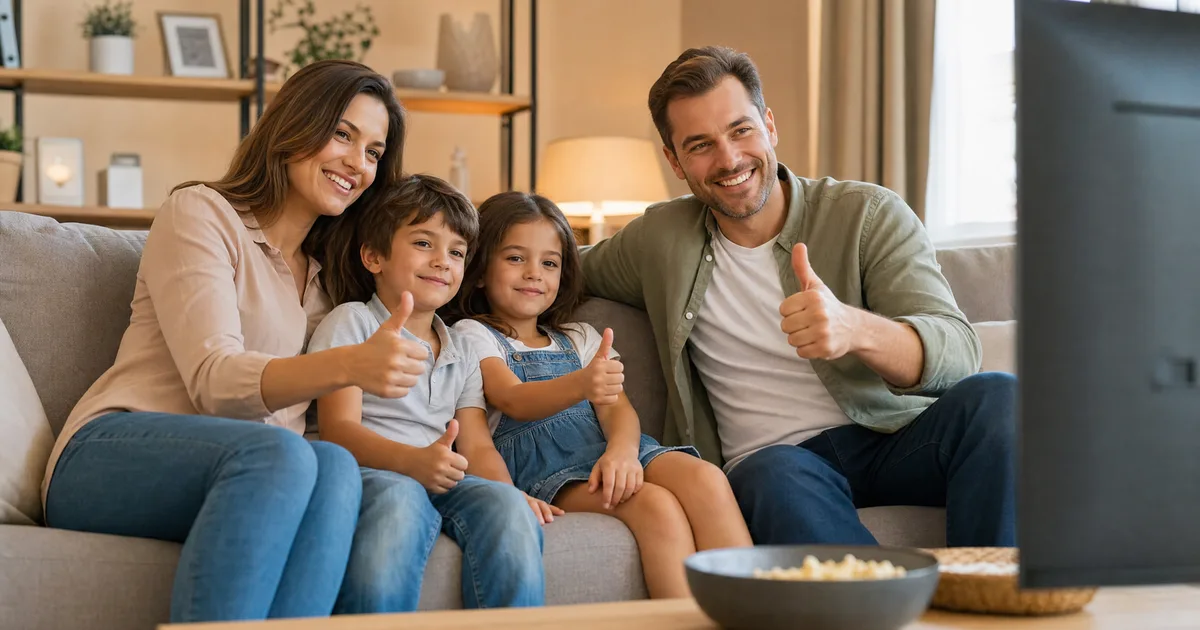 Zufriedene Familie auf dem Sofa, Symbol für den besten IPTV-Anbieter für Familien