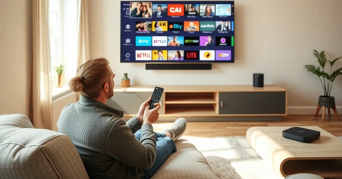 Person sitzt entspannt auf dem Sofa und wählt mit der Fernbedienung einen Sender auf dem Fernseher aus, heller Wohnraum bei Tageslicht