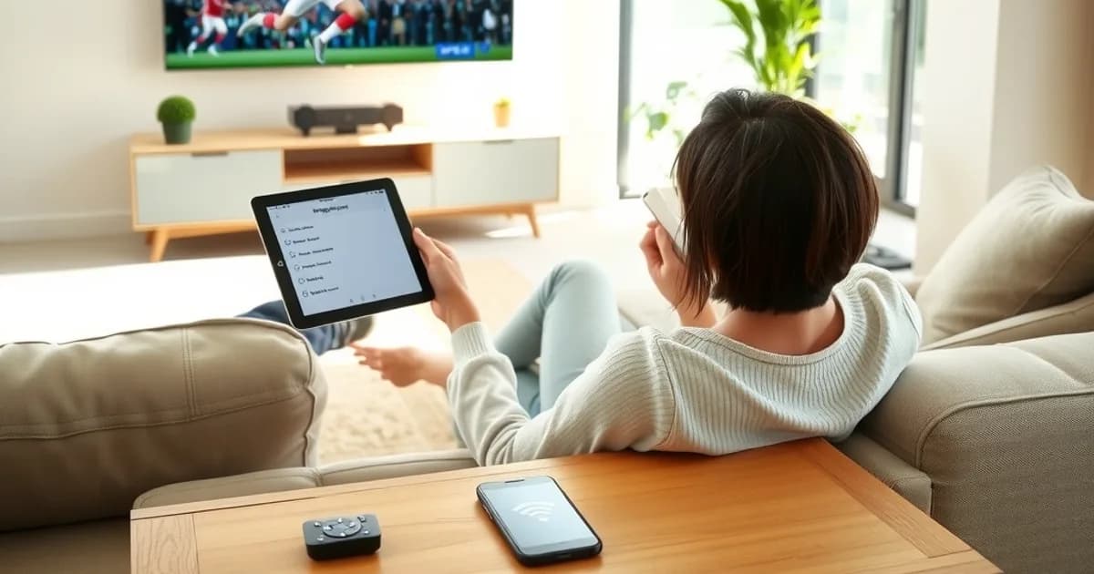 Person vergleicht auf Tablet und Smartphone IPTV-Kriterien in einem hellen Wohnzimmer mit Smart-TV im Hintergrund