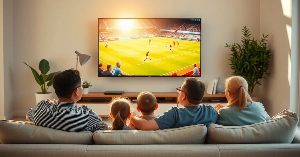 Familie schaut entspannt ein Fußballspiel in 4K auf einem großen Fernseher in einem hellen, sonnigen Wohnzimmer
