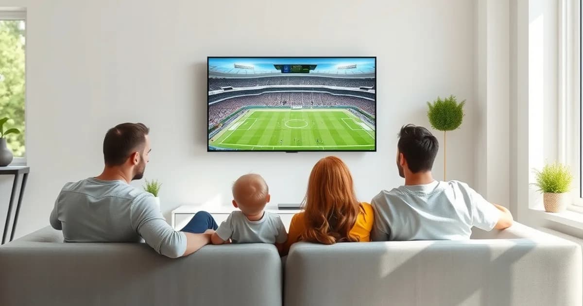 Eine Familie sitzt bei Tageslicht gemeinsam auf dem Sofa in einem hellen Wohnzimmer und schaut ein Fußballspiel im Fernsehen.