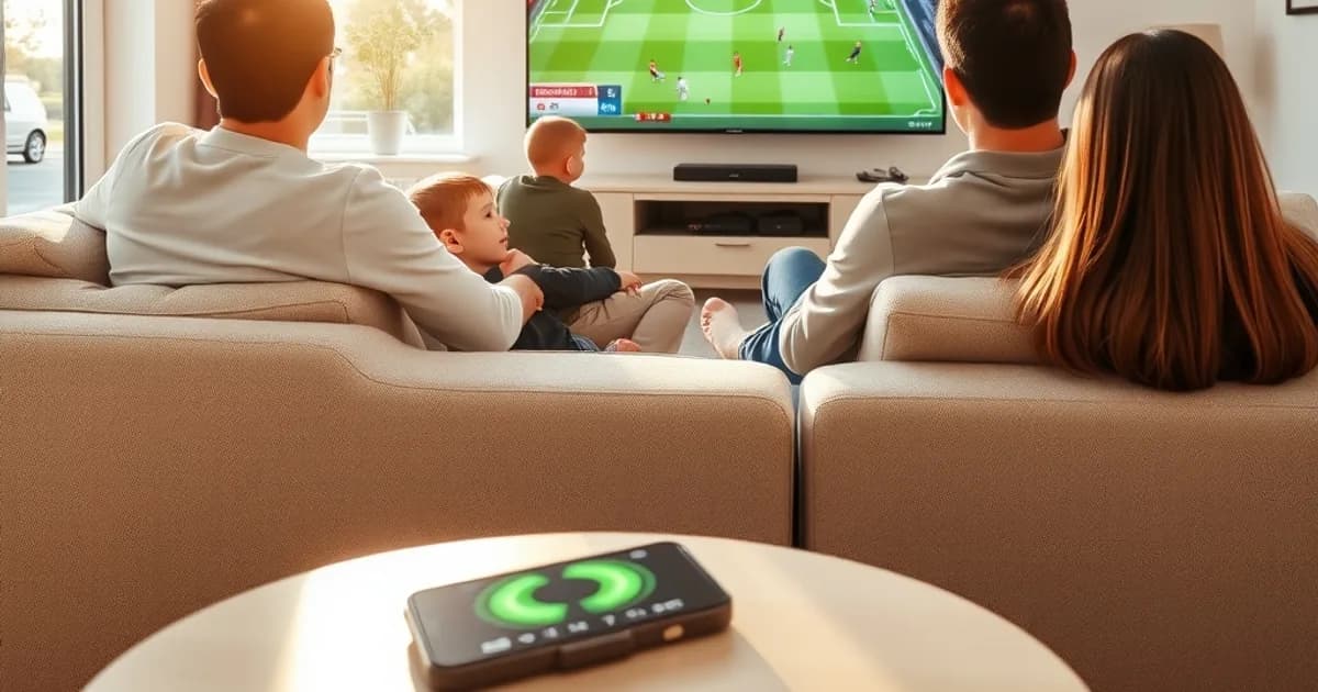 Familie schaut bei Tageslicht im Wohnzimmer ein Fußballspiel in Full HD auf einem großen Fernseher, im Vordergrund ein Smartphone mit einer Geschwindigkeitsmessung