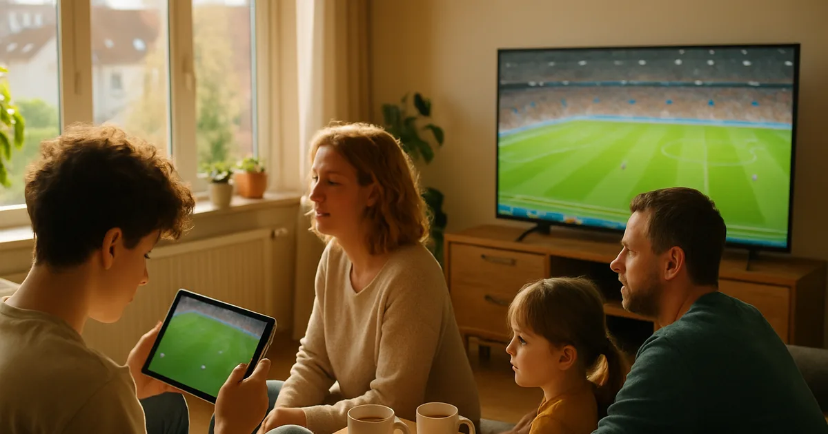 Familie schaut an einem hellen Samstagnachmittag im Wohnzimmer ein Fußballspiel auf dem Fernseher, ein Jugendlicher verfolgt parallel eine zweite Partie auf dem Tablet.