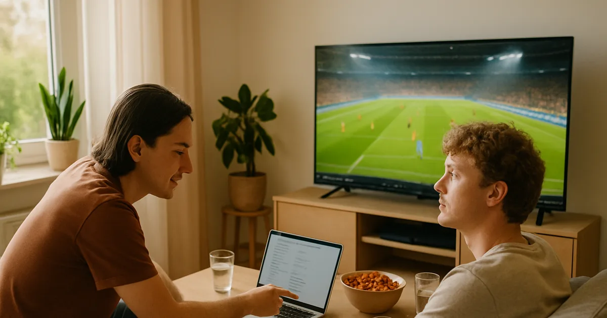 Zwei Freunde in einem hellen Wohnzimmer schauen an einem Sommernachmittag ein Fußballspiel im Fernsehen, während einer von ihnen auf einem Laptop ein Angebot prüft.