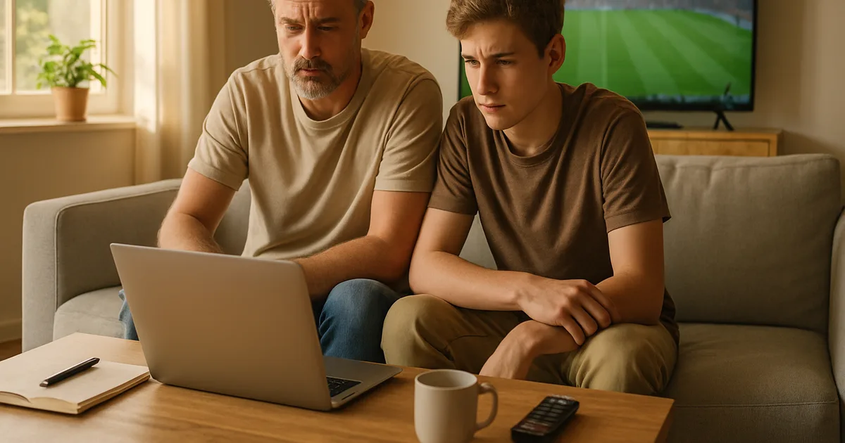 Vater und Sohn sitzen an einem hellen Sommernachmittag im Wohnzimmer auf dem Sofa und vergleichen nachdenklich am Laptop Angebote, während im Hintergrund auf dem Fernseher ein Fußballspiel läuft.