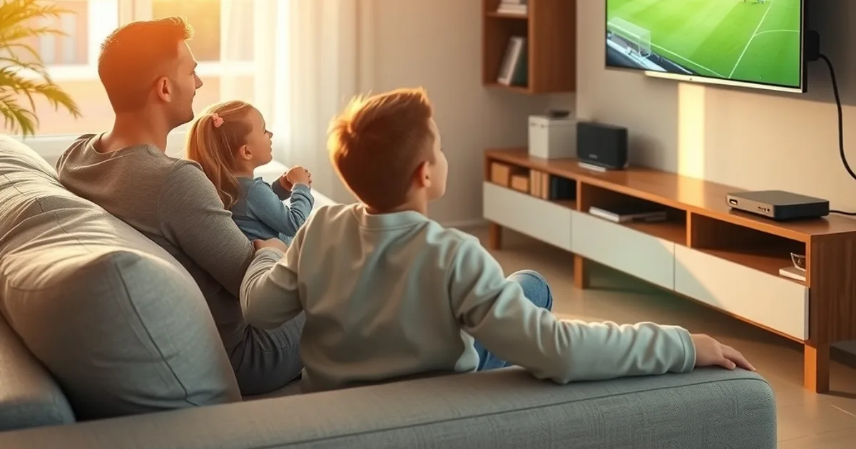 Familie sitzt entspannt im hellen Wohnzimmer auf dem Sofa und schaut ein Fußballspiel auf einem großen Fernseher, im Hintergrund ein Router mit LAN-Kabel