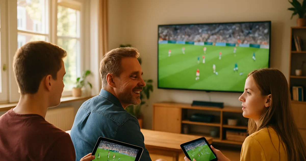 Eine Familie schaut an einem hellen Samstagnachmittag im Wohnzimmer gemeinsam ein Bundesliga-Spiel auf dem Fernseher, ein Jugendlicher verfolgt parallel eine zweite Partie auf dem Tablet.