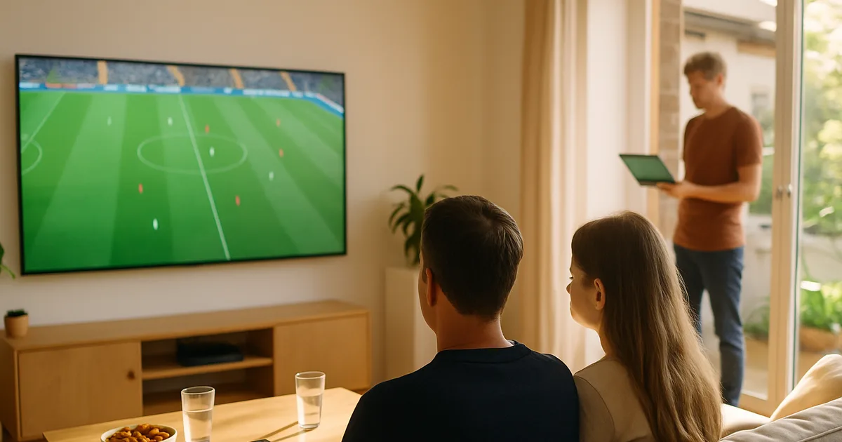 Familie im hellen Wohnzimmer verfolgt am Samstagnachmittag ein Bundesliga-Spiel auf dem Fernseher, während eine weitere Person im Hintergrund ein zweites Spiel auf dem Tablet schaut