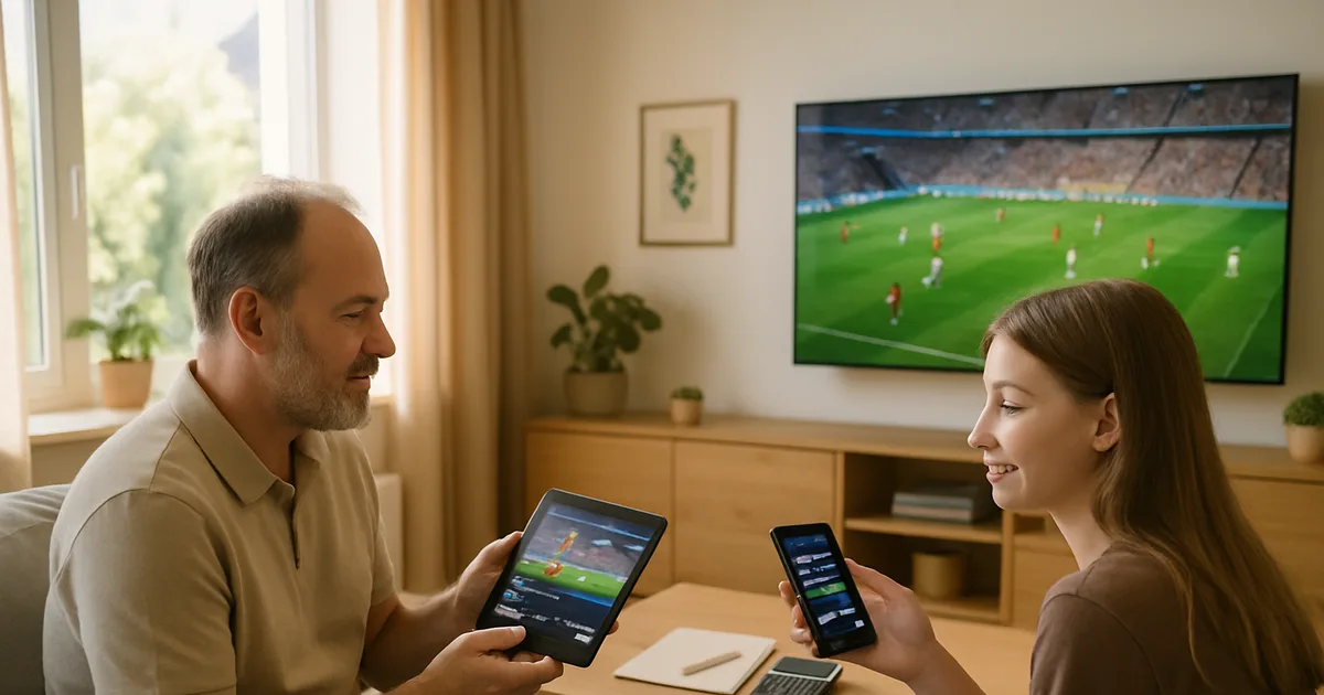 Vater und Tochter vergleichen an einem sonnigen Samstag im hellen Wohnzimmer die Kosten fürs Bundesliga-Streaming auf Fernseher, Tablet und Smartphone, daneben Notizblock und Taschenrechner.