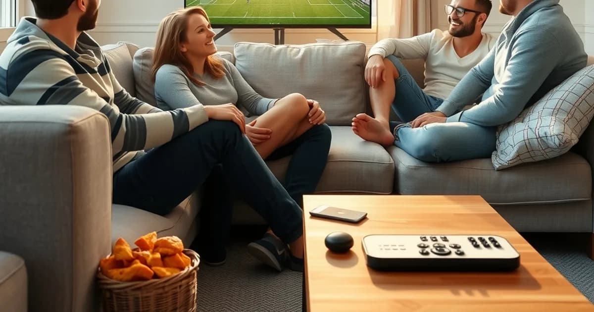 Eine Familie sitzt entspannt im hellen Wohnzimmer auf dem Sofa und schaut gemeinsam ein Fußballspiel im Fernsehen