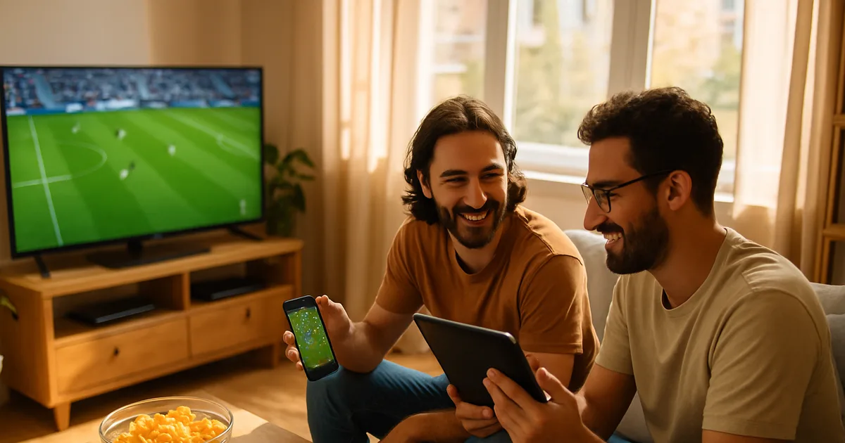 Zwei Freunde schauen an einem sonnigen Samstagnachmittag in einem hellen Wohnzimmer ein Fußballspiel auf dem Fernseher und vergleichen dabei Smartphone und Tablet.