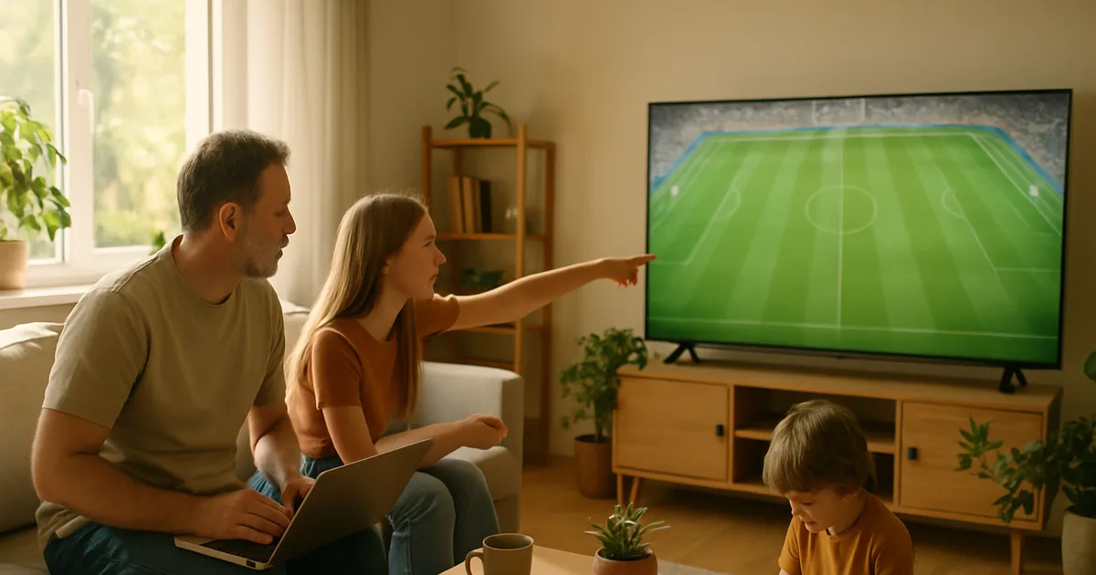Familie im hellen Wohnzimmer vergleicht am Laptop die Abokosten für die Bundesliga, während auf dem Fernseher ein Fußballspiel läuft