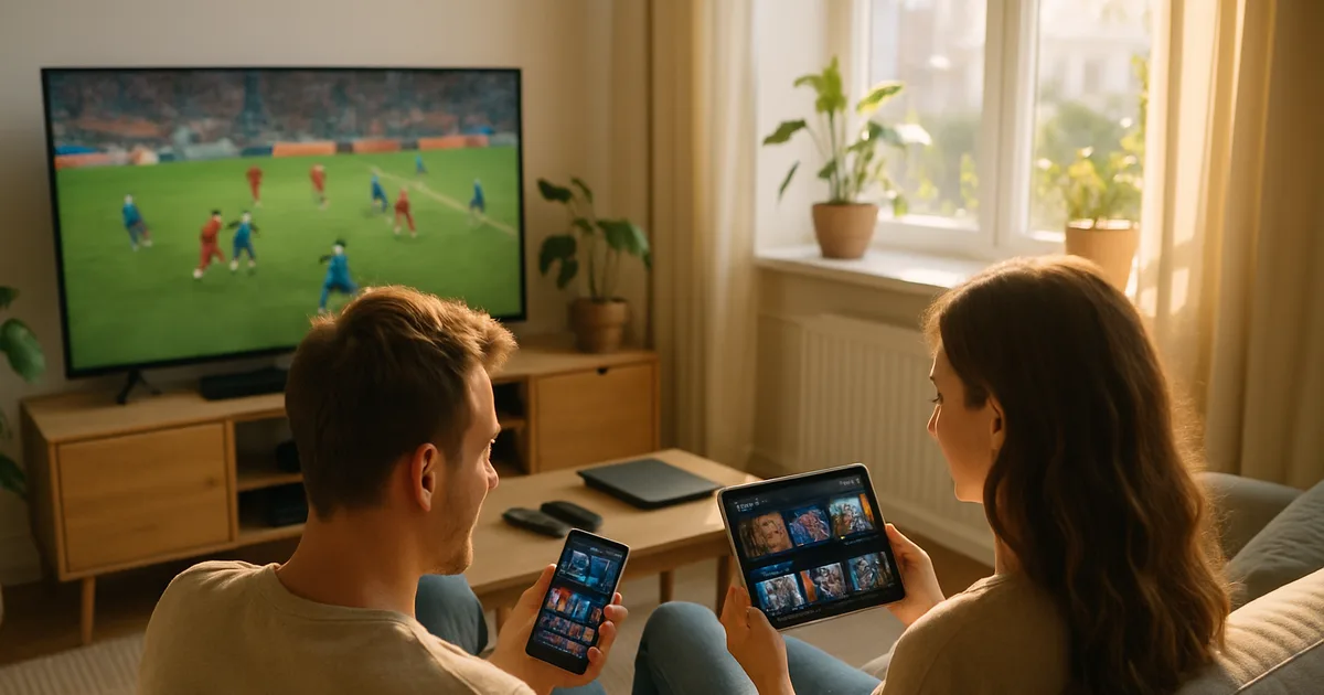 Ein Paar sitzt in einem hellen, sonnendurchfluteten Wohnzimmer auf dem Sofa vor einem großen Fernseher und hält gleichzeitig Smartphone und Tablet mit zwei verschiedenen Streaming-Apps in der Hand.