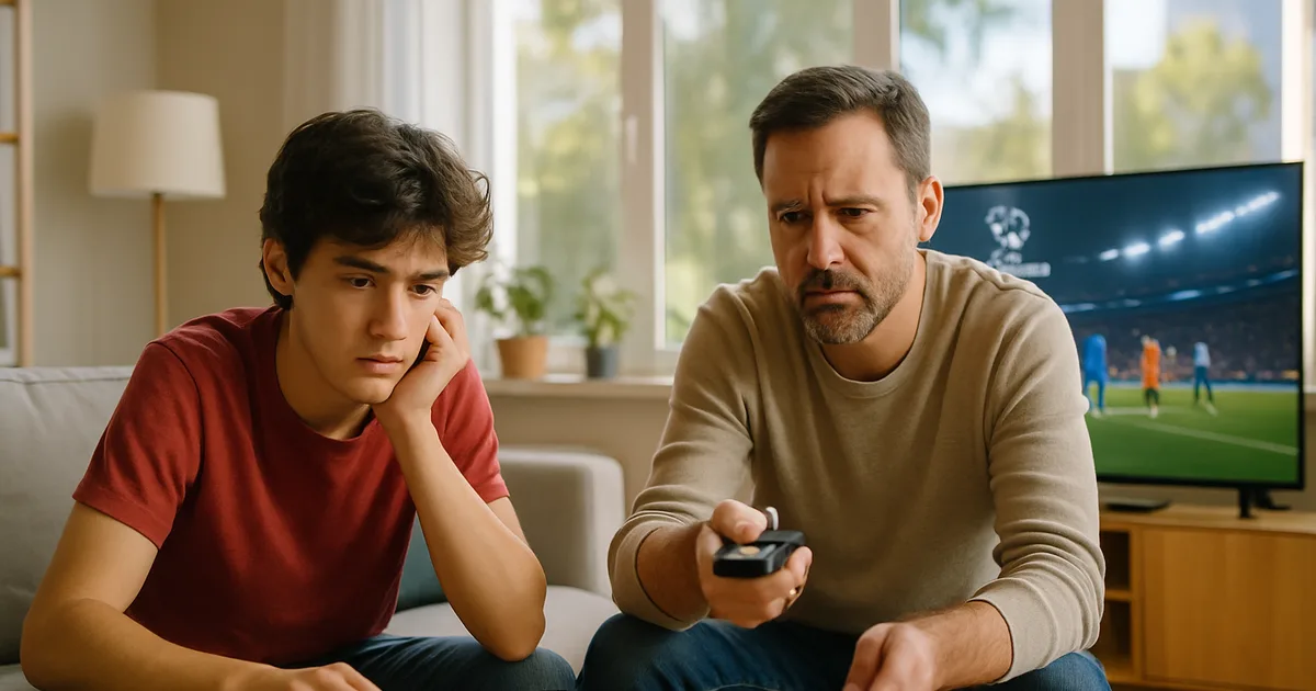 Vater und Sohn sitzen tagsüber im hellen Wohnzimmer vor dem Fernseher und jonglieren mit Fernbedienung, Smartphone und Tablet, um zwischen mehreren Streaming-Apps für die Champions League zu wechseln.