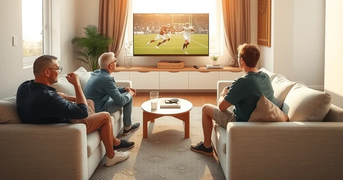 Freunde schauen entspannt ein Fußballspiel auf einem Fernseher in einem hellen, sonnendurchfluteten Wohnzimmer