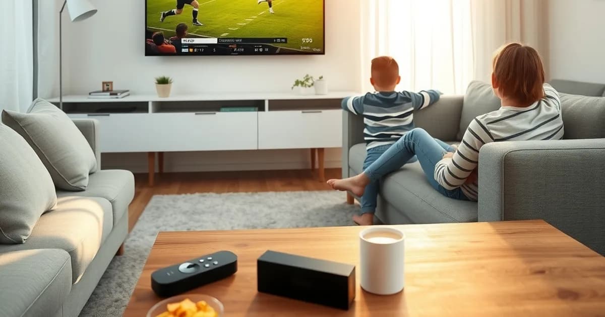 Familie schaut gemeinsam ein Fußballspiel auf einem großen Fernseher in einem hellen, sonnigen Wohnzimmer