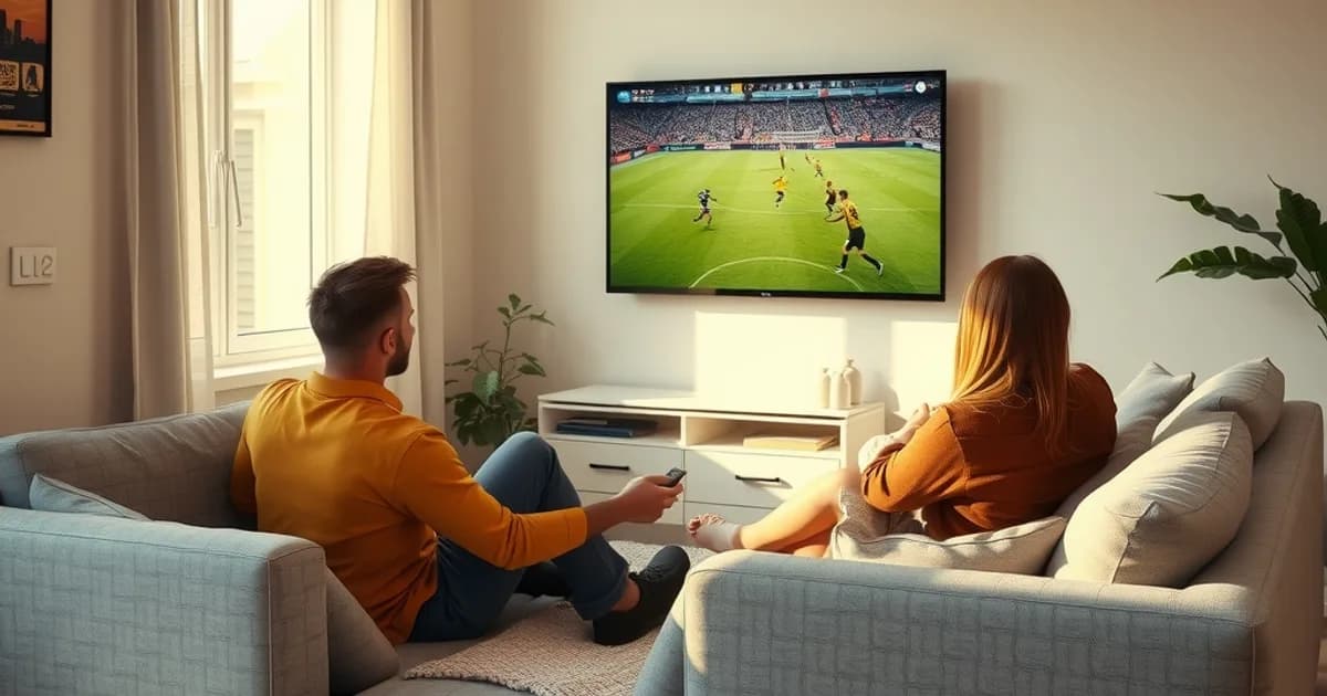 Eine Gruppe Freunde schaut in einem hellen Wohnzimmer gemeinsam ein Fußballspiel auf einem großen Fernseher.