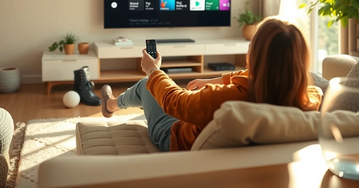 Person sitzt entspannt im hellen Wohnzimmer und schaut sich einen elektronischen Programmführer auf dem Fernsehbildschirm an
