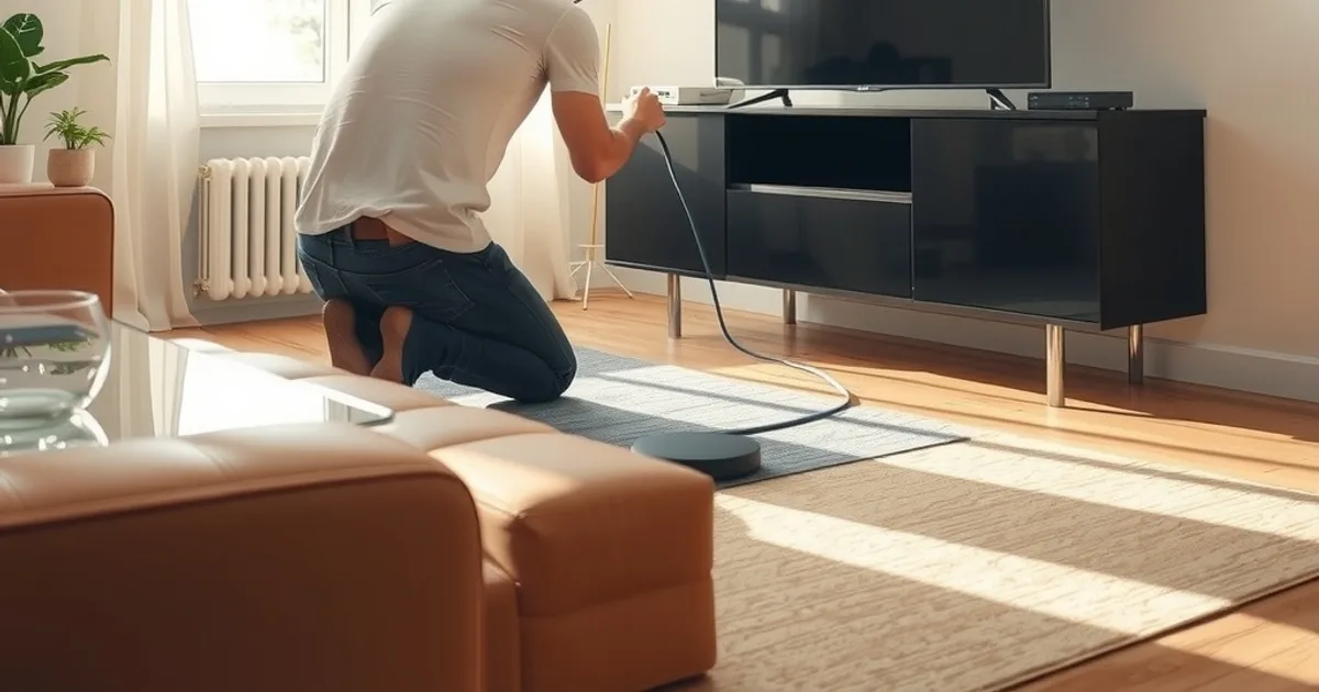 Eine Person verlegt ein Ethernet-Kabel vom Router zum Fernseher in einem hellen, sonnendurchfluteten Wohnzimmer
