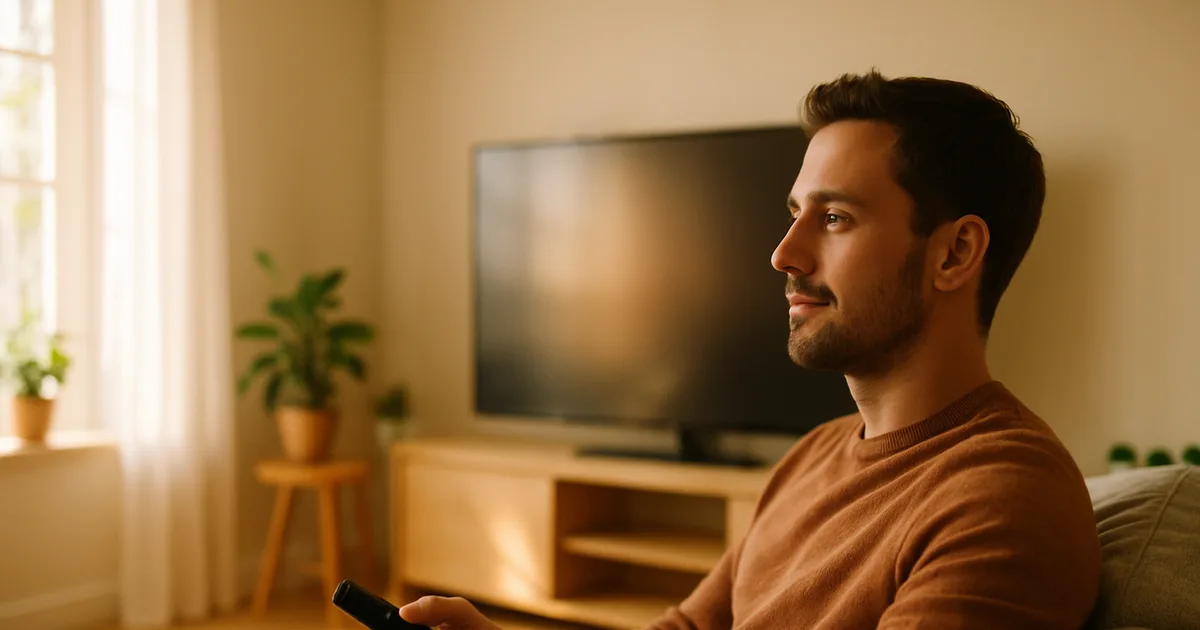 Entspannter Mann mit Streaming-Fernbedienung auf dem Sofa in einem hellen, sonnendurchfluteten Wohnzimmer vor einem großen Fernseher – ruhige, unbesorgte Stimmung.