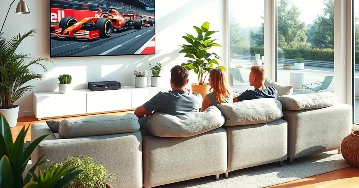 Eine Familie sitzt bei hellem Tageslicht im Wohnzimmer zusammen und schaut ein Formel-1-Rennen auf einem großen Fernseher.