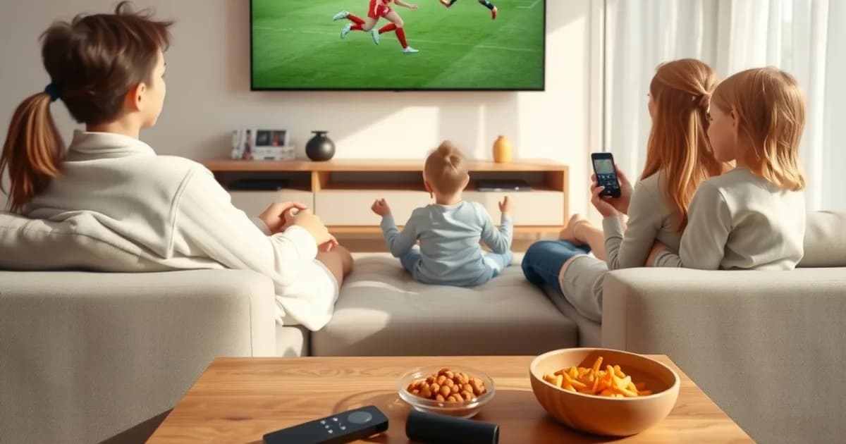 Familie schaut an einem hellen Nachmittag gemeinsam ein Frauenfußball-Spiel auf einem großen Fernseher im Wohnzimmer