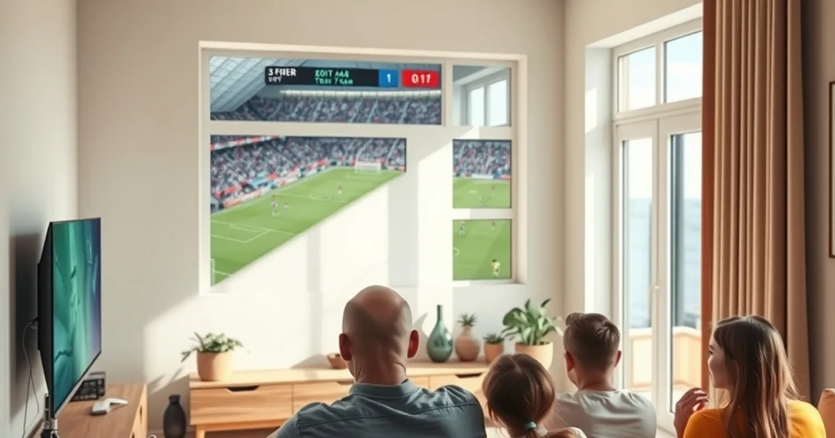 Familie schaut in einem hellen Wohnzimmer am Nachmittag ein Fußballspiel auf dem Fernseher, im Hintergrund ist ein Glasfaser-Router auf einem Regal zu sehen