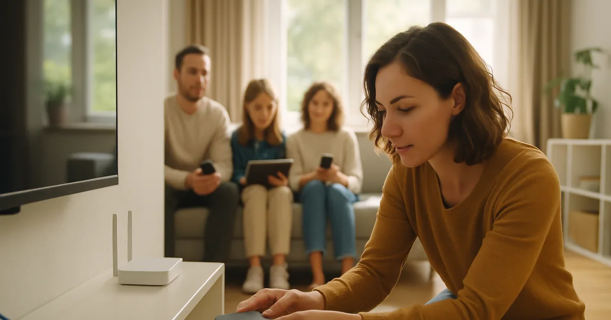 Frau kniet in einem hellen Wohnzimmer hinter dem Fernseher und steckt ein Netzwerkkabel in eine Streaming-Box, während die Familie im Hintergrund mit Tablet und Smartphone auf dem Sofa wartet