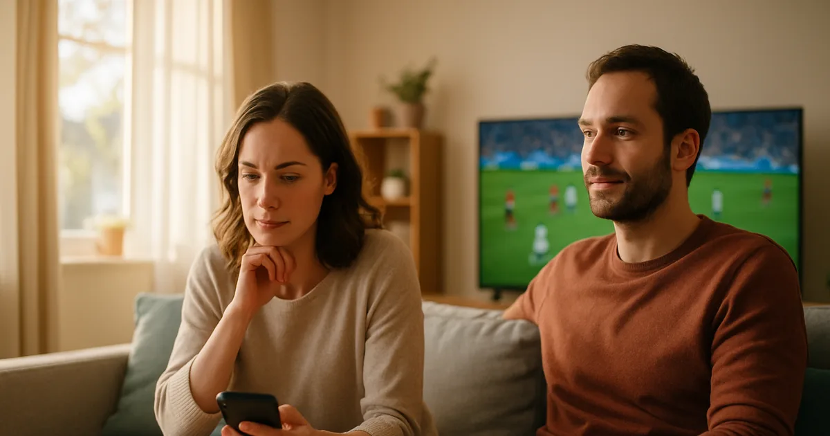 Ein Paar sitzt bei Tageslicht auf dem Sofa vor einem Fußballspiel im Fernsehen, während auf dem Tisch ein geöffneter Brief liegt und eine Person nachdenklich aufs Smartphone schaut.