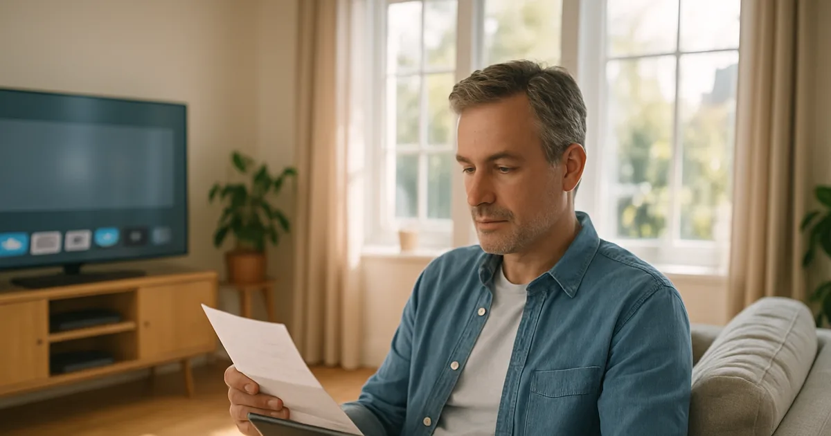 Ein Mann sitzt in einem hellen, sonnendurchfluteten Wohnzimmer auf dem Sofa, hält einen geöffneten Brief und ein Tablet in der Hand und vergleicht in Ruhe Informationen, im Hintergrund ein Smart-TV.