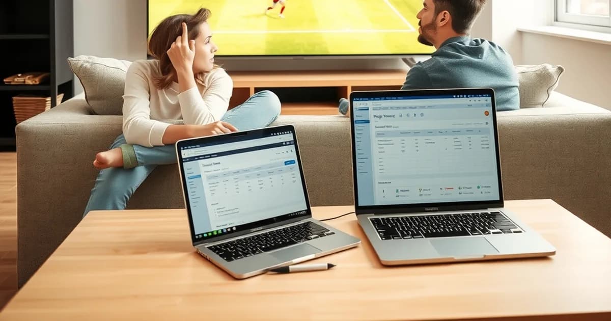 Ein Paar sitzt im hellen Wohnzimmer vor dem Fernseher und vergleicht kritisch IPTV-Angebote auf dem Laptop