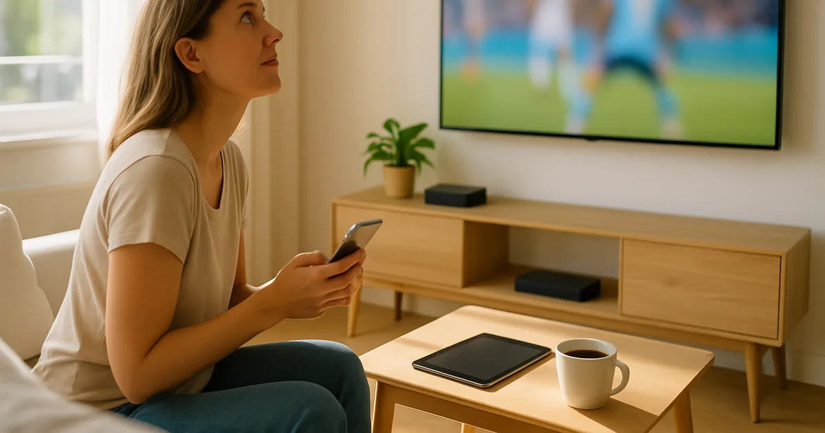 Frau auf einem hellen Sofa im sonnigen Wohnzimmer hält ein iPhone und blickt zum Wandfernseher, darunter eine kleine Streaming-Box auf der Konsole, ein iPad liegt auf dem Couchtisch.