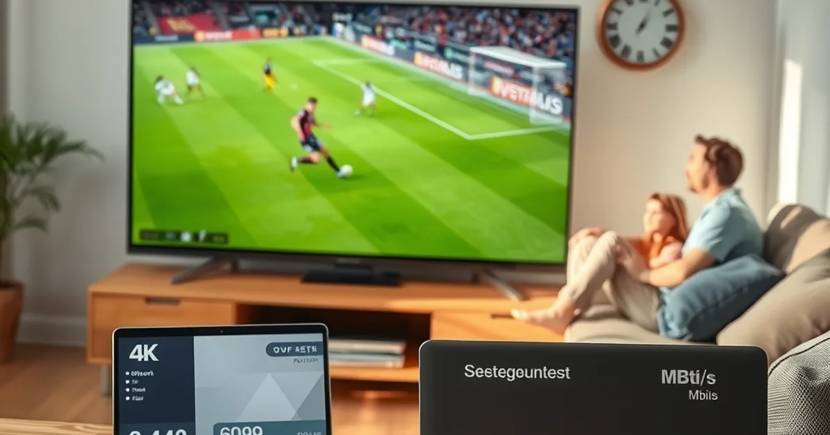 Nahaufnahme eines großen Smart-TV im hellen Wohnzimmer, auf dem ein Fußballspiel in 4K läuft, davor auf dem Couchtisch ein Laptop mit einem Geschwindigkeitstest-Ergebnis in Mbit/s, im Hintergrund unscharf eine Familie auf dem Sofa