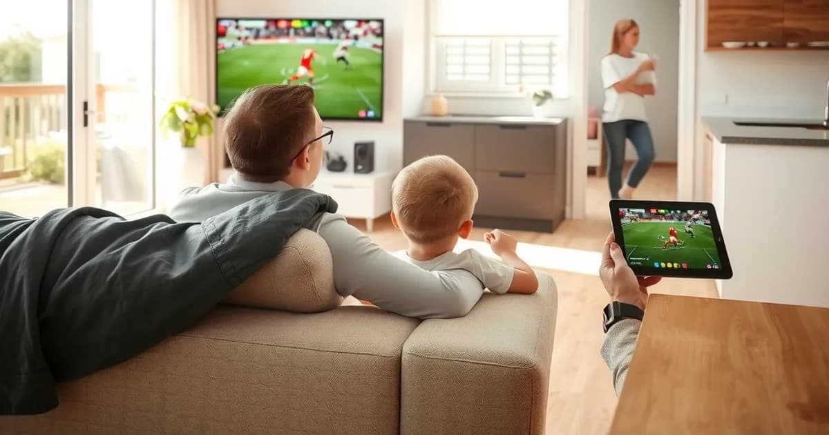 Familie schaut an einem sonnigen Nachmittag gleichzeitig auf zwei Geräten unterschiedliche Programme, Vater und Sohn im Wohnzimmer vor dem Fernseher, Mutter mit Tablet in der Küche im Hintergrund