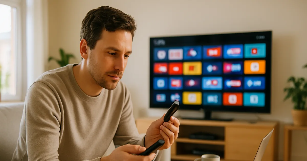 Mann im hellen Wohnzimmer prüft bei Tageslicht einen Streaming-Stick in der Hand, im Hintergrund ein Fernseher mit Senderübersicht und ein Netzwerkkabel auf dem Tisch