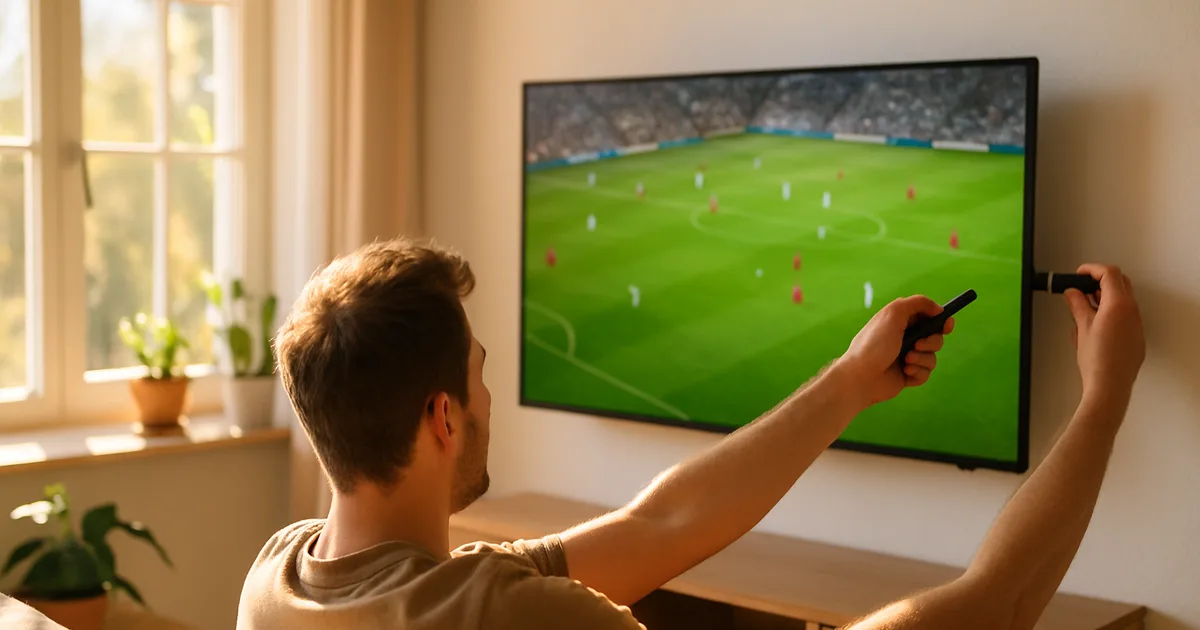 Person richtet in einem hellen Wohnzimmer bei Tageslicht einen Streaming-Stick am Fernseher ein, auf dem Bildschirm läuft ein Fußballspiel in scharfer Qualität.