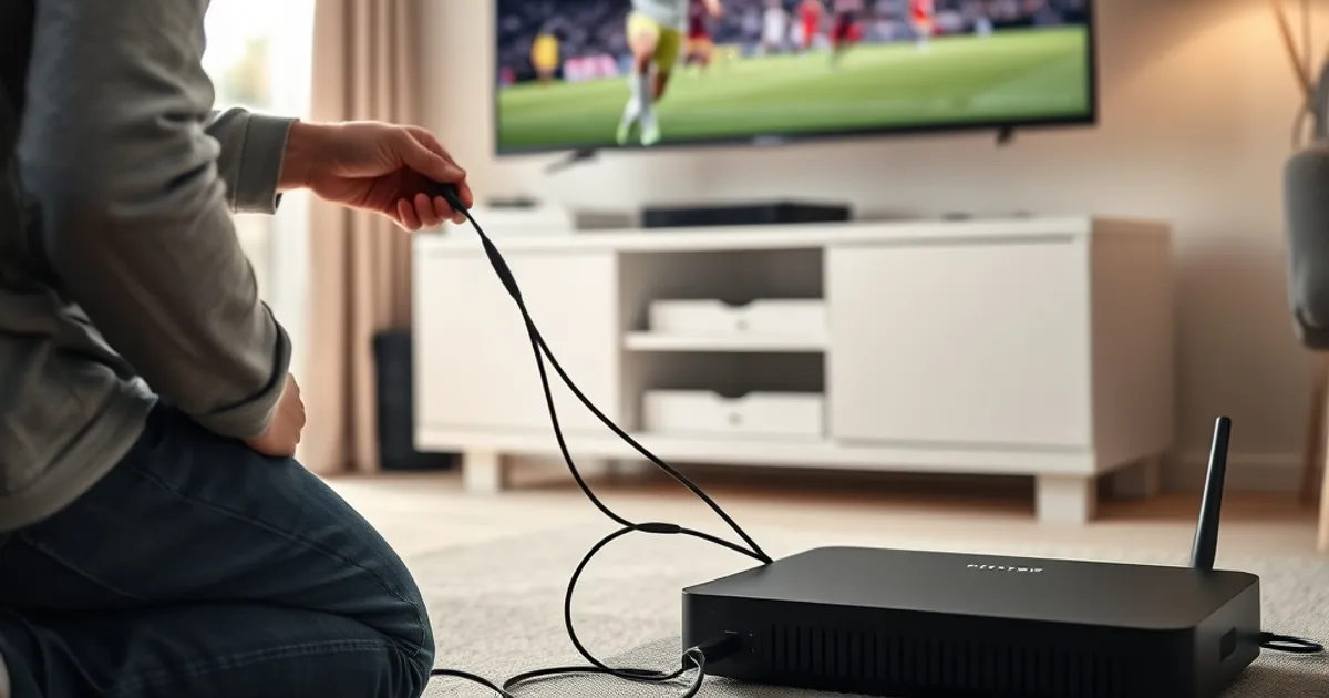 Eine Person verkabelt zu Hause bei Tageslicht einen Router mit dem Fernseher, um IPTV stabiler zu streamen