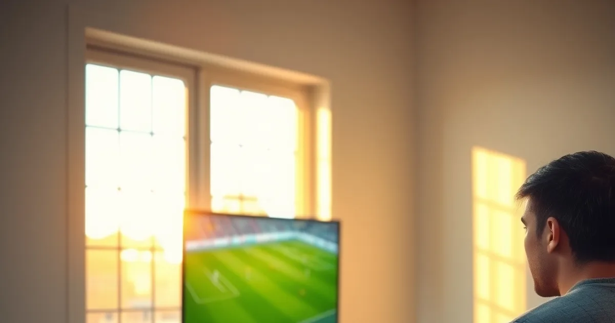 Person schließt einen Streaming-Stick an einen Fernseher an, im Wohnzimmer bei Tageslicht, auf dem Bildschirm ist ein Fußballfeld zu sehen