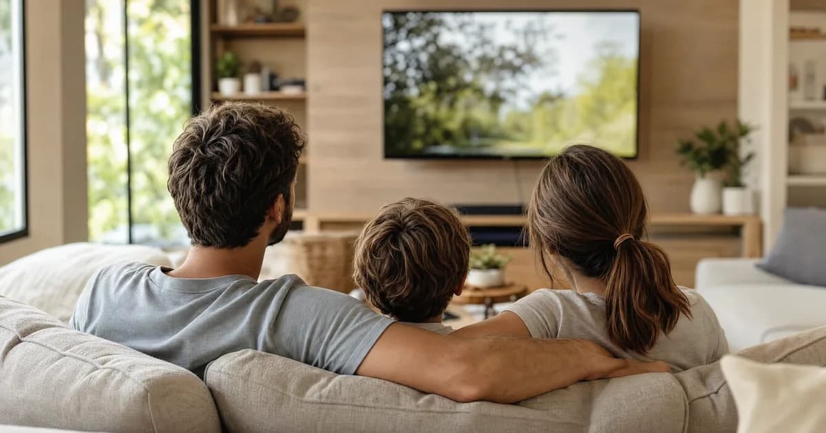 Eltern und Kind gemeinsam vor dem Fernseher, Symbol für sicheres Familienfernsehen