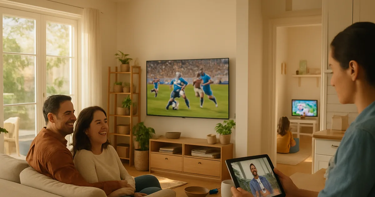 Helles, tageslichtdurchflutetes Wohnzimmer: Zwei Erwachsene schauen gemeinsam Fußball auf dem großen Fernseher, während in der Küche ein zweiter Stream auf dem Tablet läuft und im Nebenzimmer ein Kind etwas anderes sieht — mehrere Geräte gleichzeitig im Familienhaushalt.
