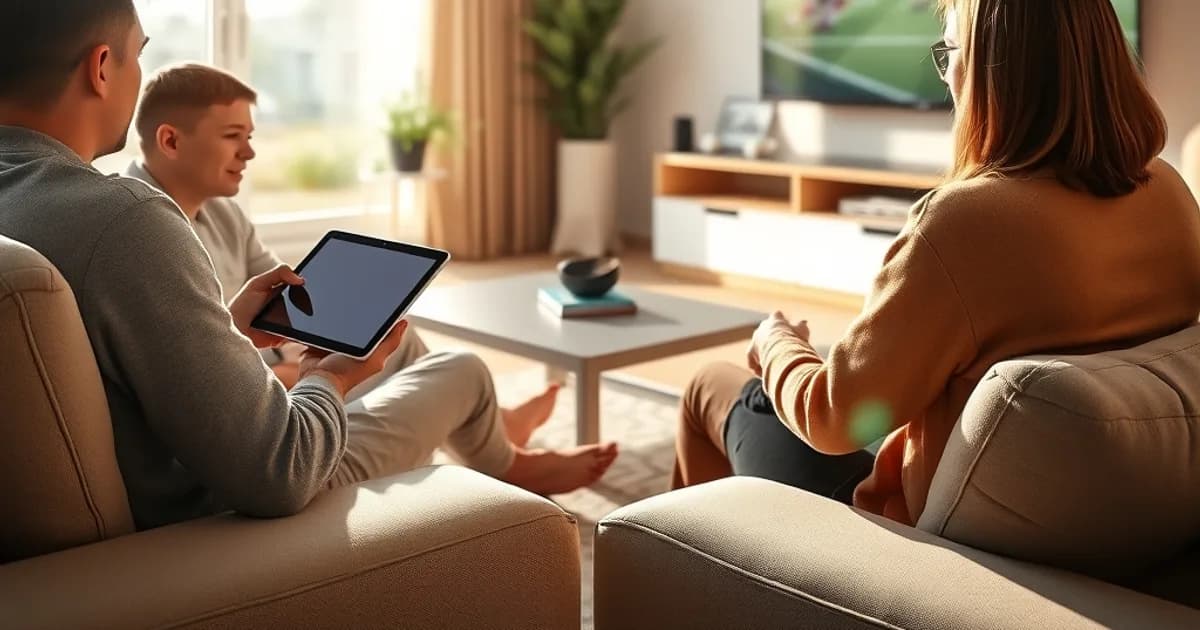 Familie vergleicht in einem hellen Wohnzimmer bei Tageslicht verschiedene Streaming-Apps auf einem Tablet, im Hintergrund läuft ein Fußballspiel auf dem Fernseher