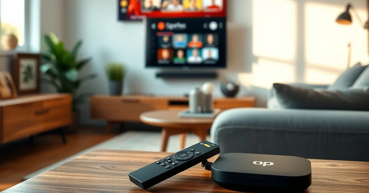 Gemütliches, helles Wohnzimmer mit Fernseher, Android-TV-Box und Fernbedienung auf einem Konsolentisch vor dem Anpfiff eines Bundesliga-Spiels