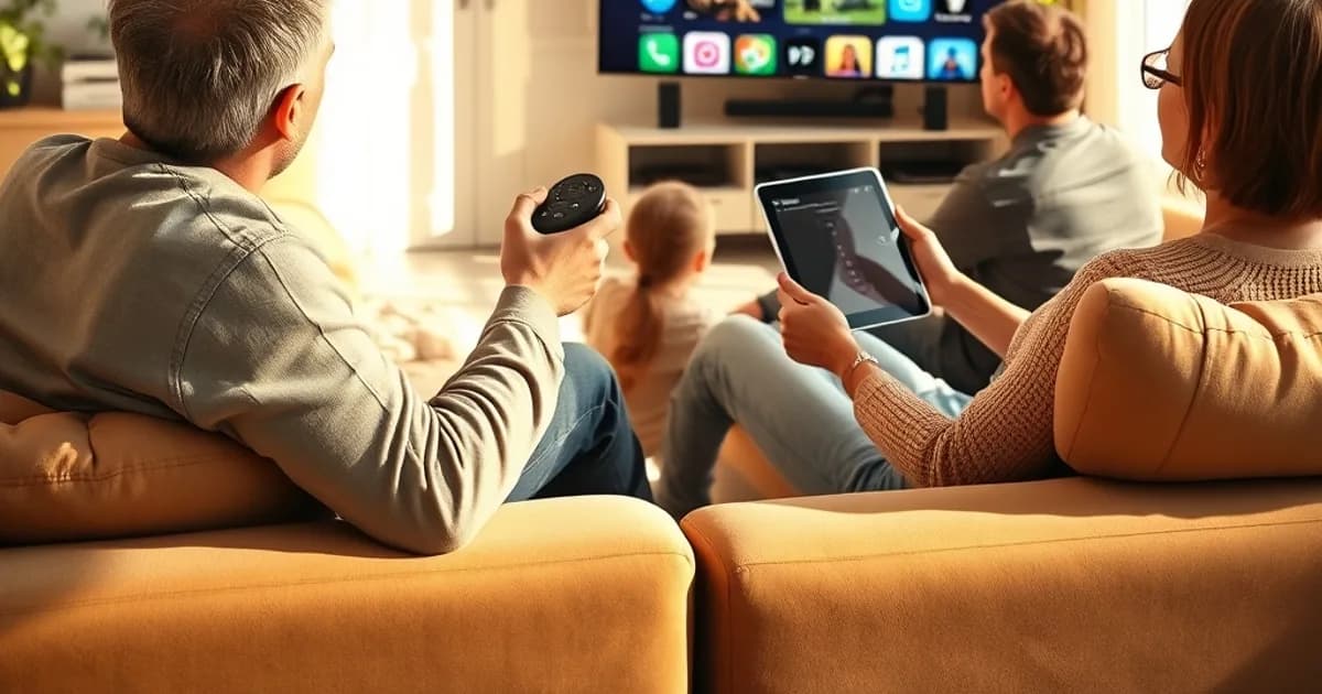 Familie vergleicht im hellen Wohnzimmer zwei IPTV-Player-Apps auf Fernseher und Tablet bei Tageslicht