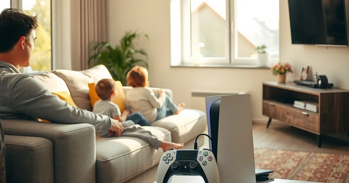Familie schaut im hellen Wohnzimmer fern, eine PlayStation 5 steht sichtbar unter dem Fernseher