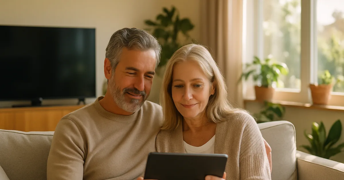 Entspanntes Paar auf einem hellen Sofa im tageslichtdurchfluteten Wohnzimmer prüft gemeinsam auf einem Tablet seinen IPTV-Anbieter, im Hintergrund unscharf ein Fernseher