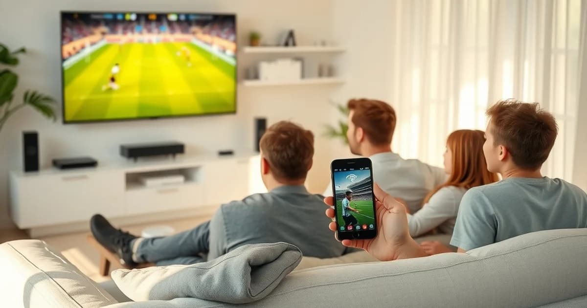 Familie schaut entspannt Fußball im hellen Wohnzimmer, im Hintergrund ein Router auf einem Regal