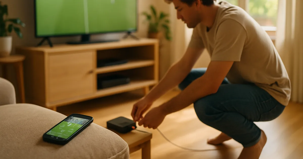 Person verbindet in einem hellen Wohnzimmer bei Tageslicht ein LAN-Kabel mit dem Streaming-Gerät unter dem Fernseher, auf dem ein Fußballspiel läuft, daneben ein Smartphone mit derselben Übertragung.