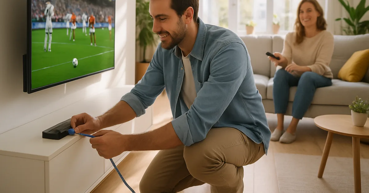 Mann verbindet seinen Wandfernseher per LAN-Kabel in einem hellen Wohnzimmer bei Tageslicht, während im Hintergrund eine Frau auf dem Sofa ein Live-Fußballspiel schaut.