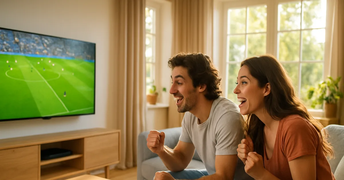 Helle Wohnzimmerszene bei Tageslicht: Eine Familie sitzt auf dem Sofa und schaut ein WM-Fußballspiel in scharfer Qualität auf einem großen Smart TV, eine Person hält die Fernbedienung in der Hand.